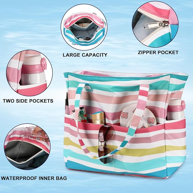 LEDAOU Beach Bag Waterproof Sandproof Women Tote Bag Pool Bag with Zipper for Gym Grocery Travel with Wet Pocket