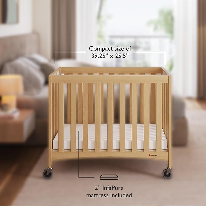 Foundations Compact Travel Sleeper Folding Hotel Crib and Sheet Bundle - Includes Natural Wooden Mini Crib with 2" Foam Mattress and 6-Pack White Fitted Compact Sheets