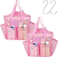 F-color Mesh Shower Caddy Portable with Drawstring - Upgrade Deeper 7 Pockets Dorm Room Essentials for Guys Girls with S Hook, Shower Bag Basket Tote for College Camping Bathroom, 2 Pack Pink