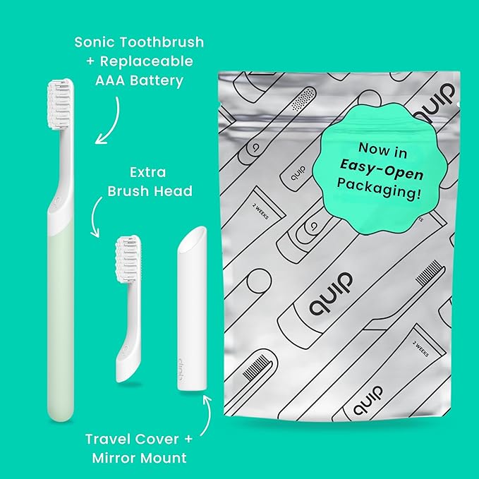 Quip Plastic Sonic Toothbrush, Electric Toothbrush for Adults –Time Travel & Soft Bristles with Travel Case & Replaceable Brush Head -3-Month Battery Life - Sage Green