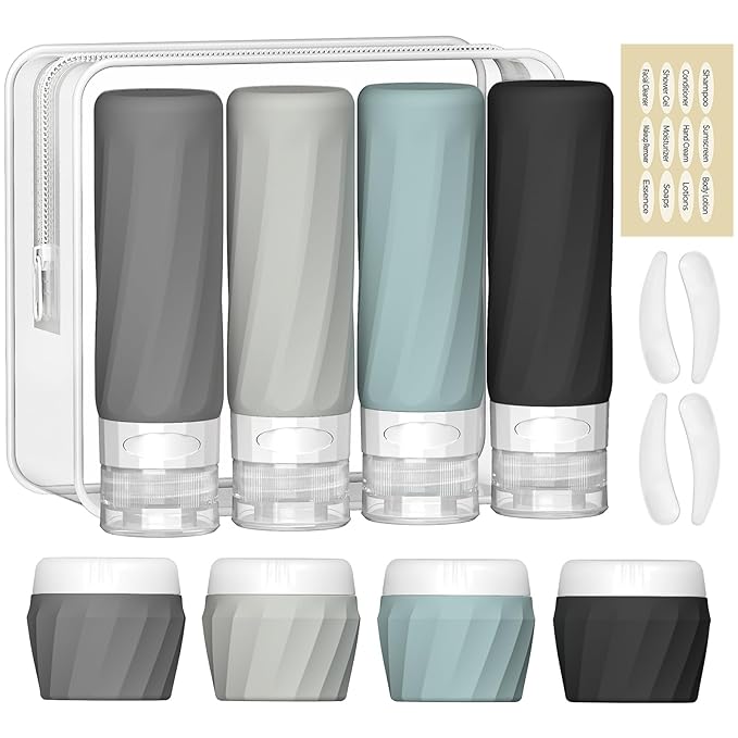 14pack Travel Bottles for Toiletries, TSA Approved Travel Size Toiletries Containers Set, Premium Silicone Leak Proof Refillable Squeezable & Creams jars Accessories Kit W/Clear Bag (Gray)