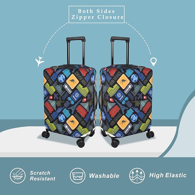 Explore Land Travel Luggage Cover Suitcase Protector Fits 23-26 Inch Case (Bon Voyage, M)