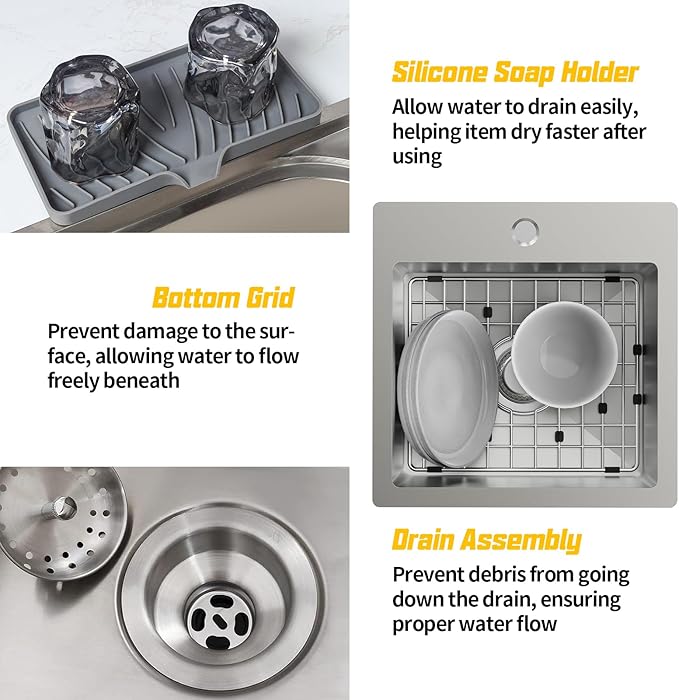 Small Kitchen Sink,15x15 Inch Bar Sink Stainless Steel Drop In Small Kitchen Sink Ideal Choice For Small Space Nice As Toprmount Prep Sink,RV Kitchen Sink With Bottom Grid,Soap Mat And Drain Assembly