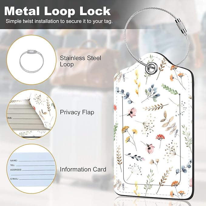 2Pack Luggage Tags for Suitcases, Cute Unique Pu Leather Cruise Luggage Tag with Privacy Cover ID Label Address Card and Metal Ring Suitable for Women Men Kids Travel Bag Floral and Plant Patternsn