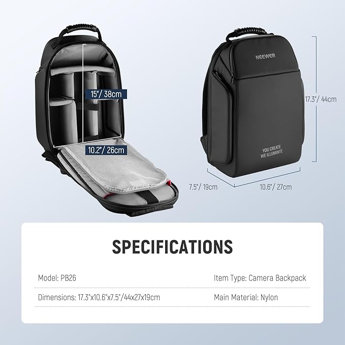 NEEWER BASICS Camera Bag for Photographer, Water Resistant Digital Cam Backpack Shockproof Large Case Compatible with Sony Canon Nikon DSLR Mirrorless Lenses Small Photography Accessories, PB26 Black