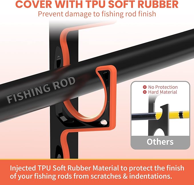 Fishing Rod Holder for Garage, H5 Wall or Ceiling Mounted Fishing Pole Holders with Soft Protective Pad, Fishing Rod Storage Organizer, Horizontal Fishing Rod Wall Mount Nets Storage (2 PACK)