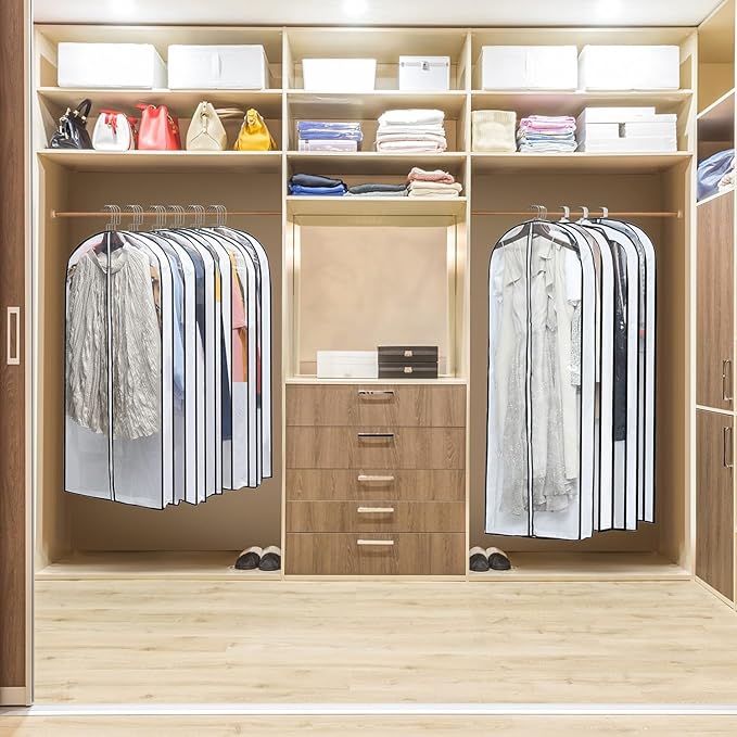 Clear Garment Storage with 4" Gusseted Hanging Covers - Durable, Transparent Protectors for Long Coats, Gowns, Dresses - 24"x 60"x 4" / 6 Pack