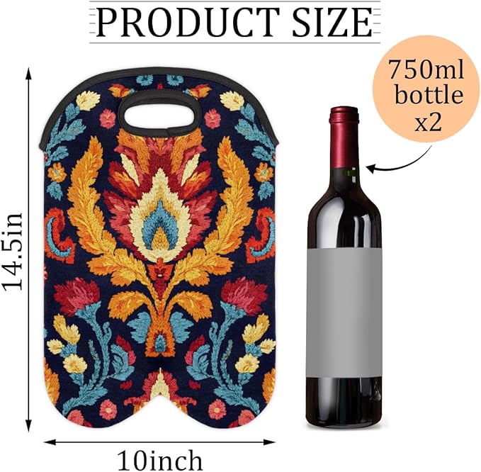 Neoprene Wine Tote, Bottle Carrier Gag Insulating Neoprene Thicker, Insulated Wine Bag for Travel Holds Two Bottles, Bottle Carrier Bags Protect the Bottles, Colorful Totem