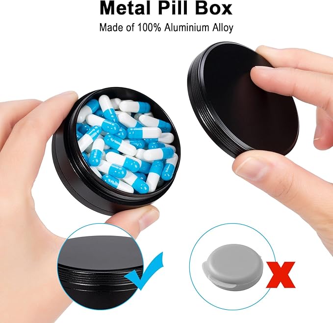 Portable Metal Pill Box - Travel Daily Pill Case, Waterproof Pill Container for Purse Pocket, Compact Medicine Organizer Holder for Medicines, Vitamins, Fish Oils