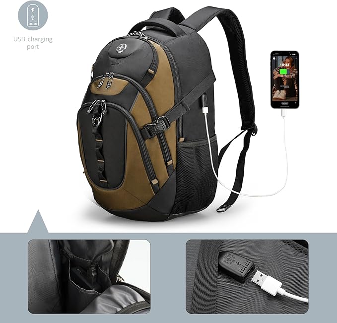 Swissdigital Design Laptop Backpack with USB Charging Port, TSA Travel Backpack Fits 15.6 inches Computer, 31L College School Backpack for Men, Tan/Black | SD803