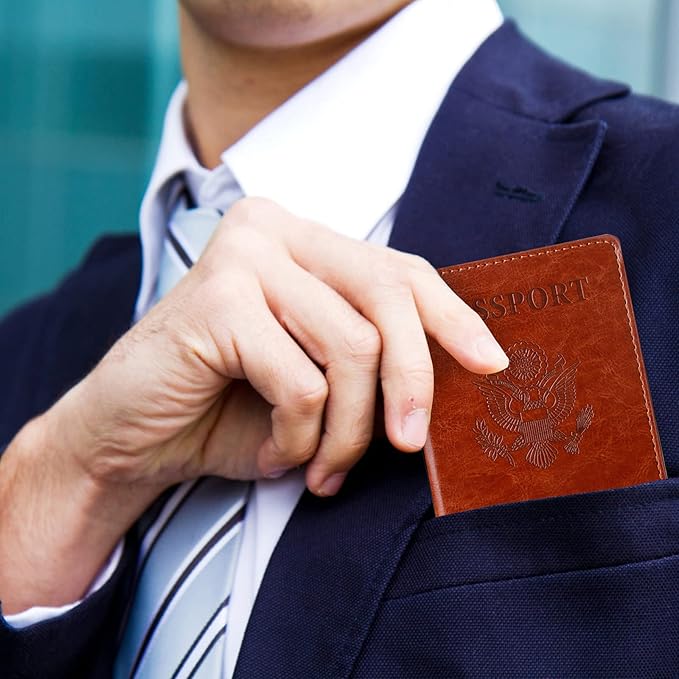 TIGARI Passport Holder for Travel Women Men, PU Leather Passport Wallet Cover Case Sleeve, Waterproof Protected Document Organizer, Family Vacation Plane Cruise Travel Essentials-Brown