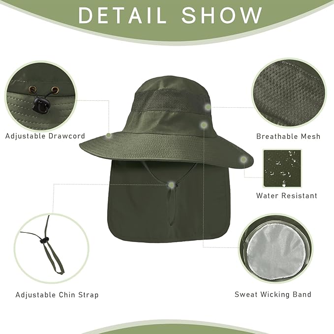 Fishing Hat Breathable Wide Brim Sun Hats with Neck Flap Bucket Hat Outdoor Safari Hat for Men Women UPF 50+ Sun Protection