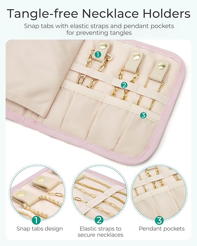 BAGSMART Travel Jewelry Case Organizer, Roll Foldable Jewelry Case for Journey-Rings, Necklaces, Earrings, Bracelets, Brooches, Min, Beige