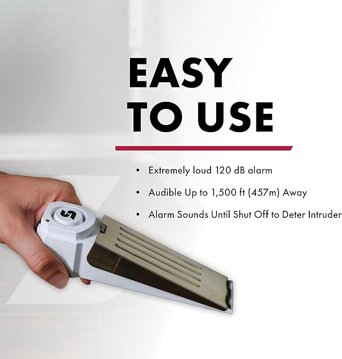 SABRE 120 dB Wedge Door Stop Security Alarm, Extremely Loud Wireless Alarm Siren Audible Up To 1,500 Ft., Non-Skid Pad, Compact Alarm Great for Home, Travel, Apartment or Dorm