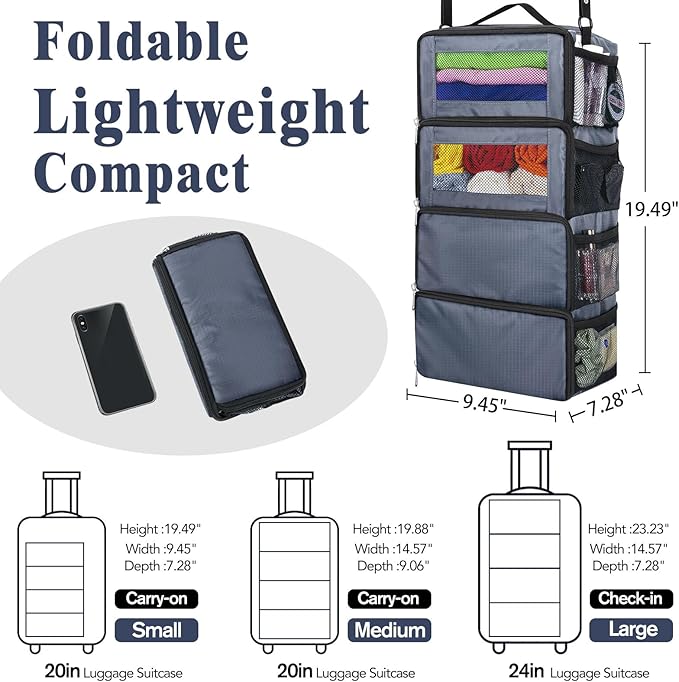 Hanging Travel Organizer, Carry on Luggage Suitcase Organizer, Travel Essentials Portable Travel Shelves Packing Cube for Travel Cruise Small, Gray