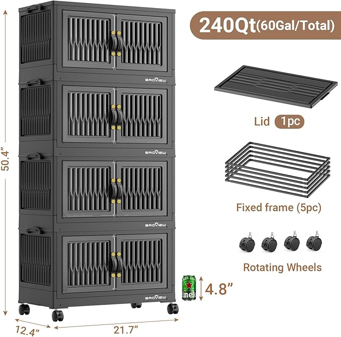 BROVIEW 240Qt Stackable Storage Bins with Lid, Extra Large Closet Organizer Collapsible Drawer Boxes with Wheels, Folding Plastic Cabinet Containers for Home Kitchen Room Organization, 4Pack Black