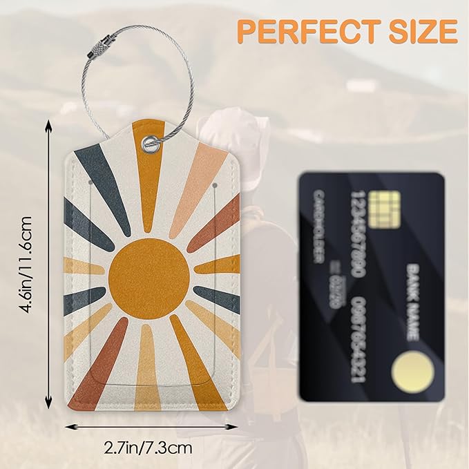 Boho Color Sunburst PU Leather Luggage Tags for Suitcase, Abstract Desert Travel Cruise 3 Pack with Privacy Flap, Name ID Label and Metal Loop for Women Men Girls Baggage Bag Backpack