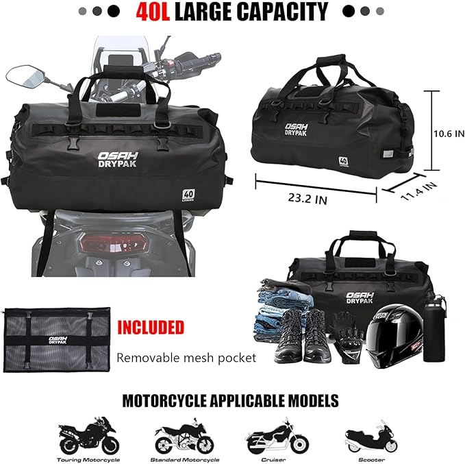 Waterproof Duffel Bag - Motorcycle Dry Bag 40L Tail Bag with Large Storage Space, Waterproof Duffle Bags with Outer Mesh Zipper Pocket for Camping, Kayaking, Fishing & Traveling-Black