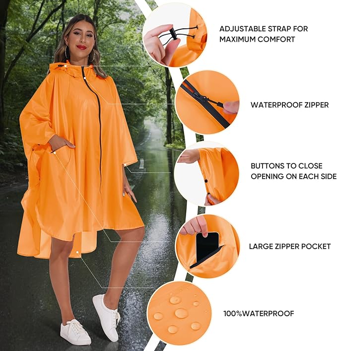PTEROMY Hooded Rain Poncho for Adult with Pocket and Zipper, Waterproof Lightweight Raincoat for Men and Women