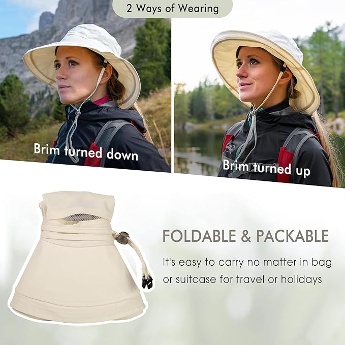 UV 50 Sun Hat for Women Wide Brim with Ponytail Hole Summer Packable Sunhat for Beach Fishing Hiking Gardening Waterproof