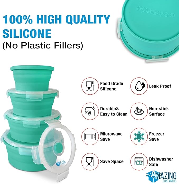 Collapsible Bowls for Camping, Set of 4 Silicone Food Storage Containers with Lids, Rv storage and organization, Rv Kitchen Accessories, BPA Free, Microwavable, Freezer, Dishwasher Safe