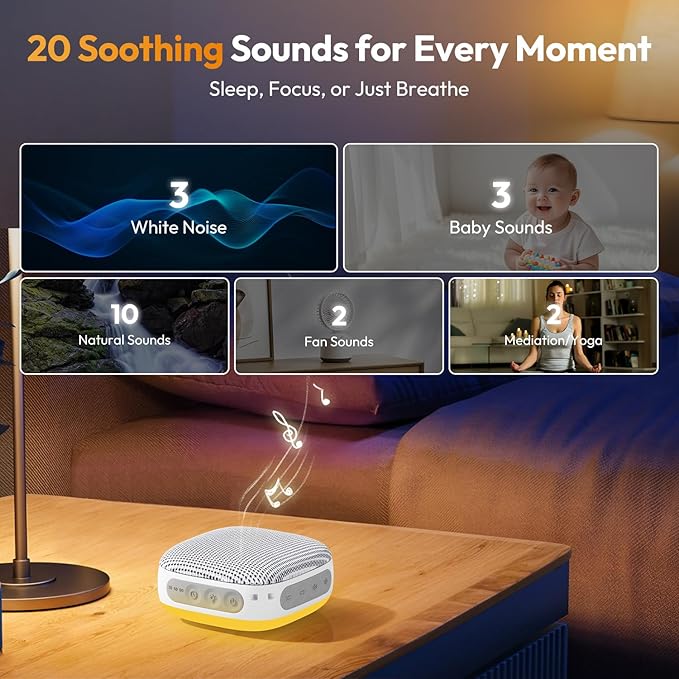 Portable Sound Machine for Travel, White Noise Sound Machine for Sleeping with Night Light, Mini Noise Machine with 20 Quality Non-looping Sounds, Headphone Jack, Memory, Timer for Adults,Hotel