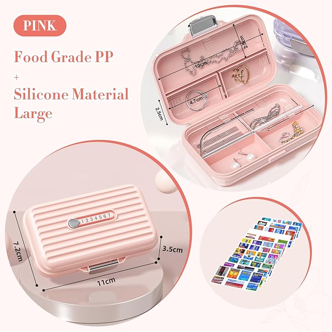 Travel Pill Organizer Box with Medicine Labels, 7 Compartments Portable Pill Case, Daily Medication Organizer Storage Pill Container for Pocket Pharmacy(Pink, L)