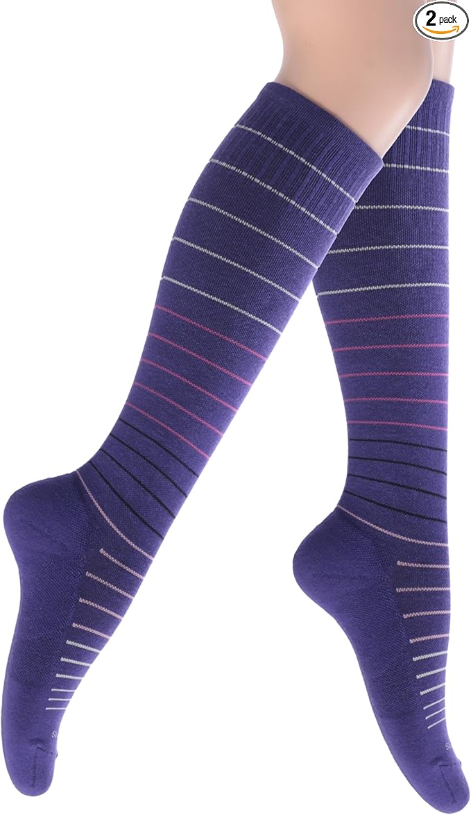 Cotton Compression Socks for Women & Men. 15-20 mmHg Support Knee-High Amethyst Stripes M/L