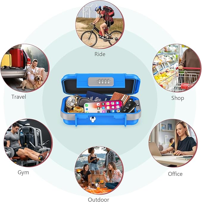LOFICOPER Portable Safe Box, Portable Security Case, Waterproof Combination Lock Box for Travel, Small Personal Beach Safe with Removable Chain, for Travel, Hotel, Riding, Blue