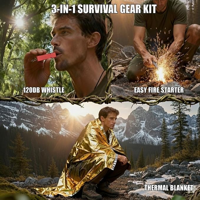 Professional 3-in-1 Survival Kit: Emergency Blanket, 120dB Whistle & All-Weather Fire Starter | Ultimate Safety Gear for Camping, Hiking, Car Emergencies & Storms (3-in-1 3pcs)