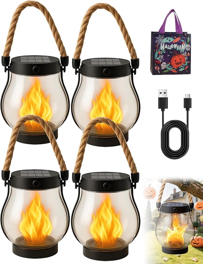 Kaliqo Solar Lantern Outdoor Lights - Official, Waterproof Kaliqo Solar Flame Lights Hangable with Dancing Flame, Hemp Rope Hanging Flame Lanterns,Dual Charging Modes, Smokeless (4pcs)