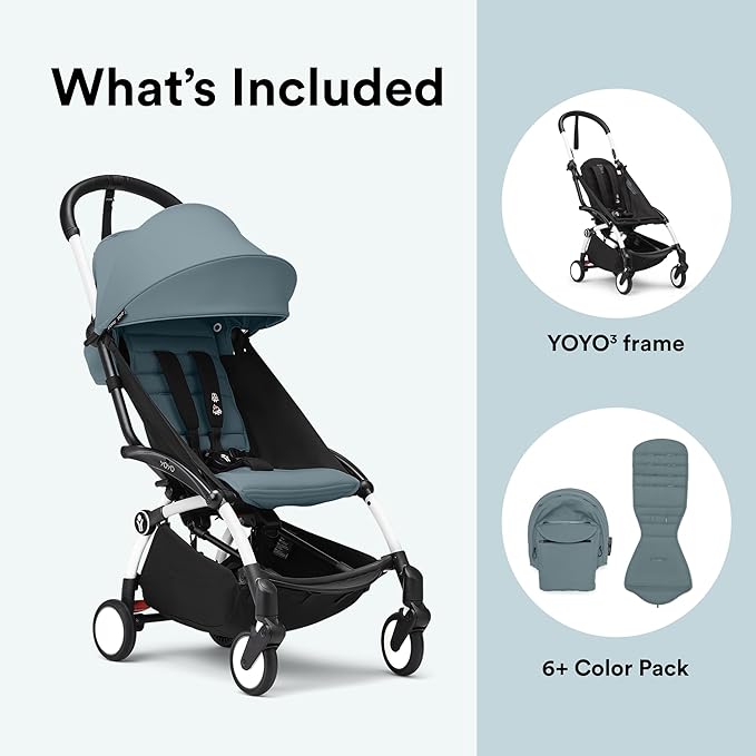 Stokke YOYO3 Stroller from 6 Months - Includes White Frame/Aqua Seat Cushion + Canopy - Folds in & Out in a Flash - Light & Compact - Carry-On Compatible