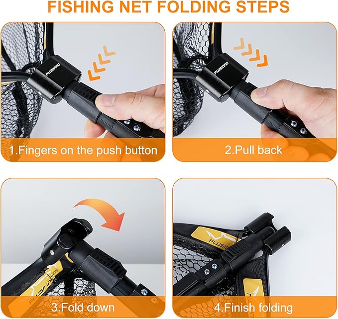 PLUSINNO Floating Fishing Net for Steelhead, Salmon, Fly, Kayak, Bass, Trout Fishing, Catfish, Rubber Coated Landing Net for Easy Catch & Release for Easy Transportation & Storage