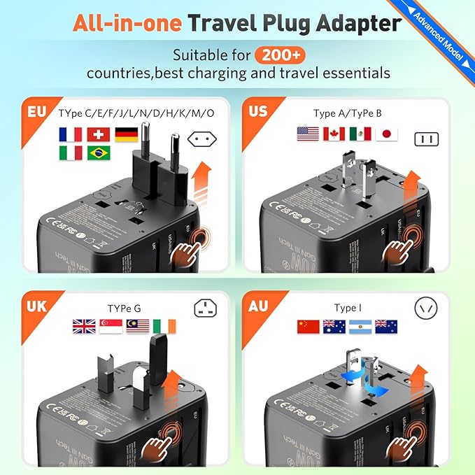 70W International European Travel Plug Adapter - HICHOR Fast Universal Travel Plug Adapter for US to Europe Worldwide Adaptor 1 AC Outlet 2 Type-A 3 Type-C EU UK Spain Australia Ireland Italy
