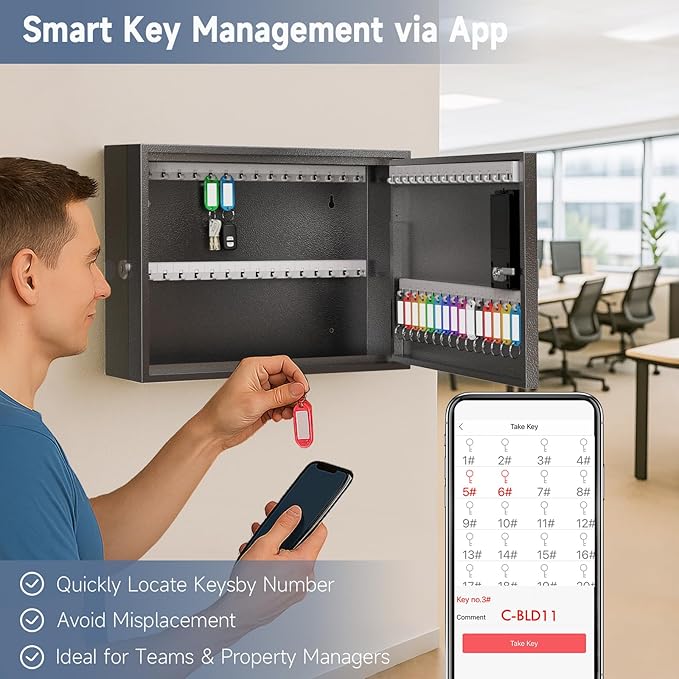 WeHere Smart Key Lock Box, Wall Mounted Key Cabinet with 60 Key Tags, Bluetooth App Control, OTP & Password Unlock, Wi-Fi Remote Unlock (Bridge Required), Steel Key Safe for Office Home Business