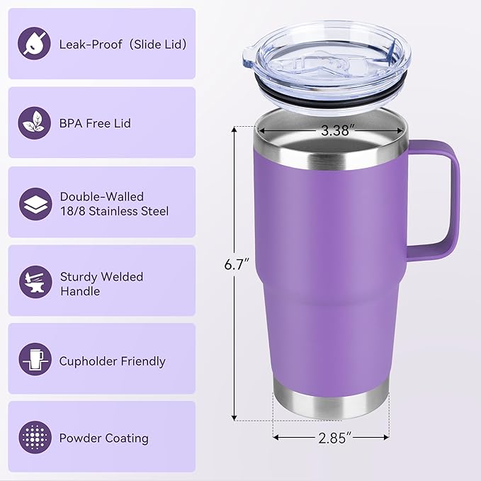 HASLE OUTFITTERS 20oz Tumbler Bulk with Lid, Stainless Steel Tumbler Bulk with Handle, Metal Insulated Travel Coffee Mug Set with Handle, Double Wall Vacuum Leak Proof Tumbler Cup, Purple 12 Pack