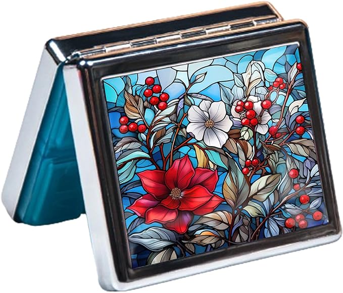 Silver Vintage Pill Box 7 Day Metal Pill Box with Mirror and 8 Compartments Cute Travel Pill Organizer for Purse (Stained Glass Flowers)