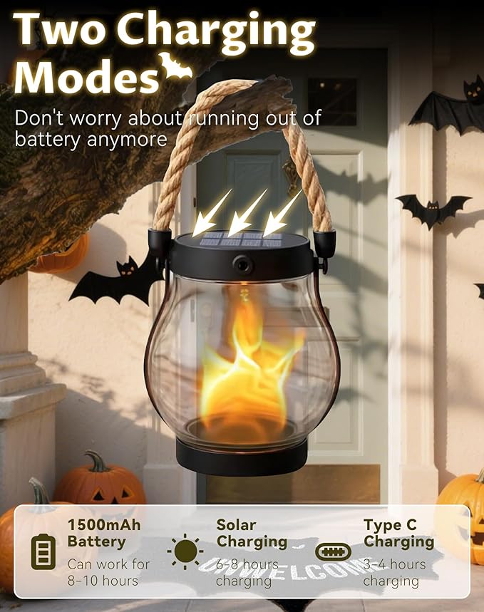 Kaliqo Solar Lantern Outdoor Lights - Official, Waterproof Kaliqo Solar Flame Lights Hangable with Dancing Flame, Hemp Rope Hanging Flame Lanterns,Dual Charging Modes, Smokeless (2pcs)