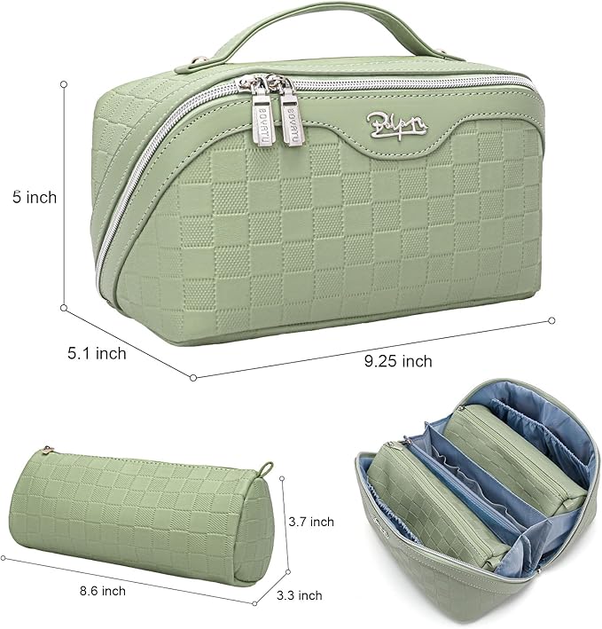 Travel Makeup Bag Organizer Cosmetic Bag: 3 Pcs Set Make up Bags for Women with Handle - Waterproof Vegan Leather Toiletry Bags with Comparments (C-06-Green)