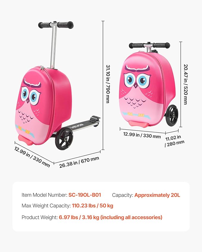 VEVOR Ride-on Luggage, 20 L Capacity, 20 Inches Kids Scooter Suitcase with Flash PU Wheels, Adjustable Handle & TPR Non-Slip Grip, Foldable & Lightweight Scooter Luggage for Kids Aged 5+, Pink