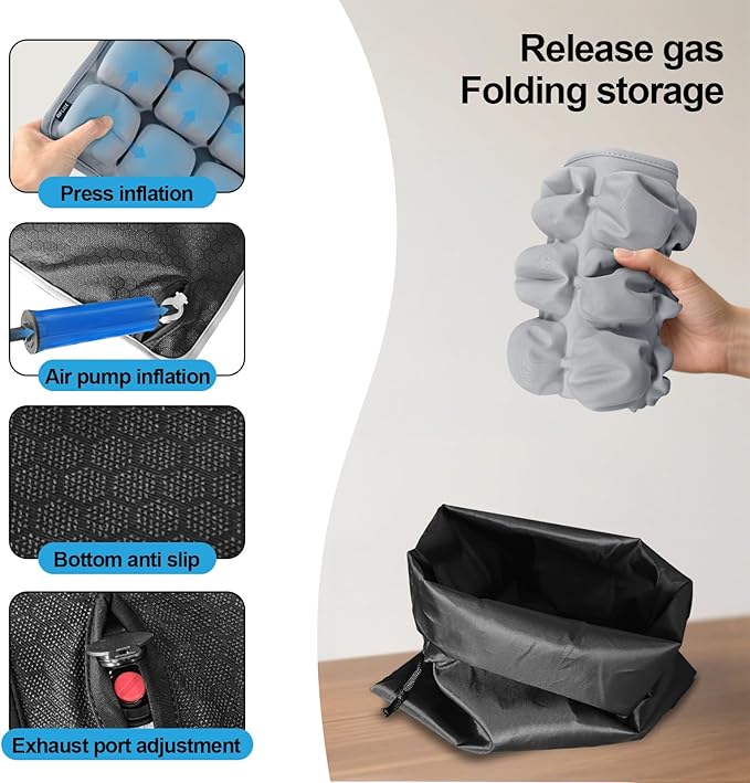 Grey Travel Seat Cushion – Portable Inflatable 3D Air Cell Seat Cushion for Long Flights, Car, Office, Wheelchair, Ergonomic Design for Tailbone Relief & Compact Support