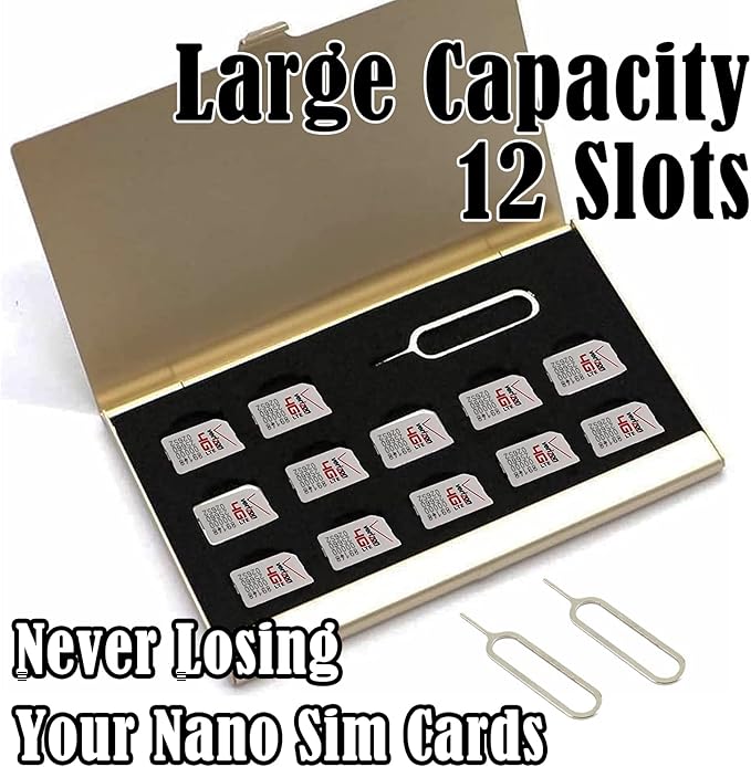 Aluminum SIM Card Case, 12 Slots Ultrathin Nano SIM Card Holder with SIM Card Adapter Kit for Travelers or Holiday Trip (Gold)