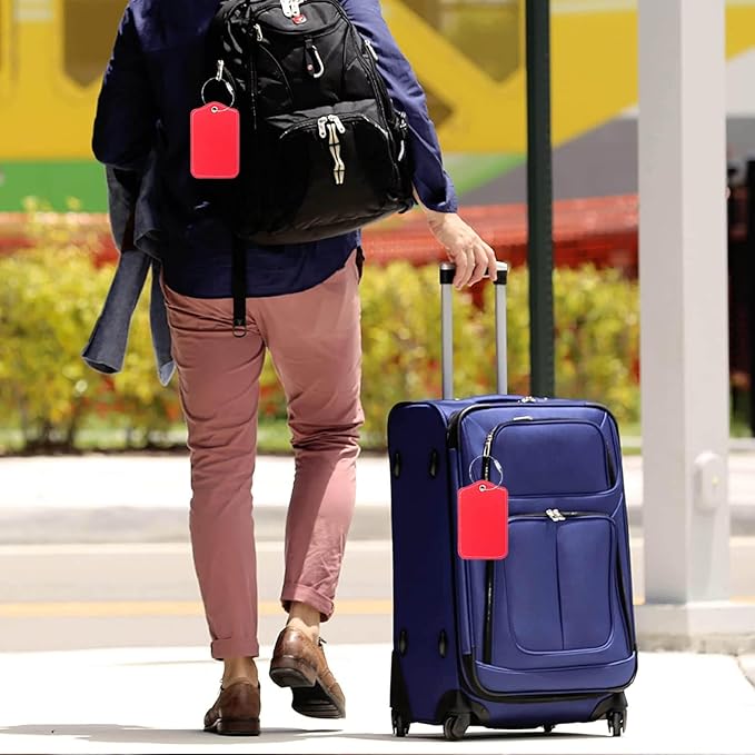 Luggage Tags for Suitcases-Leather Luggage Tag 4 Pack with Loops Cute Bag/Backpack/Suitcase Tags Travel Essentials for Flying (Red)