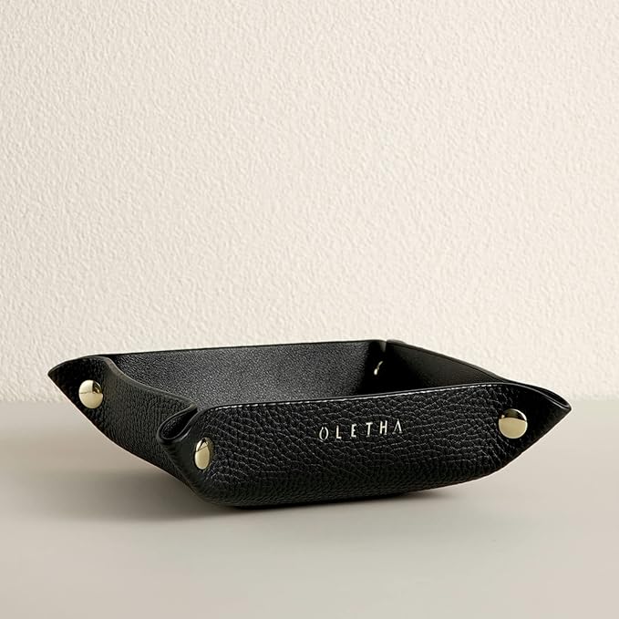OLETHA Small Foldable Valet Tray - Aesthetic Desk Organizer for Home, Office & Travel - Portable Catch All Bowl for Keys, Jewelry & Essentials - Black