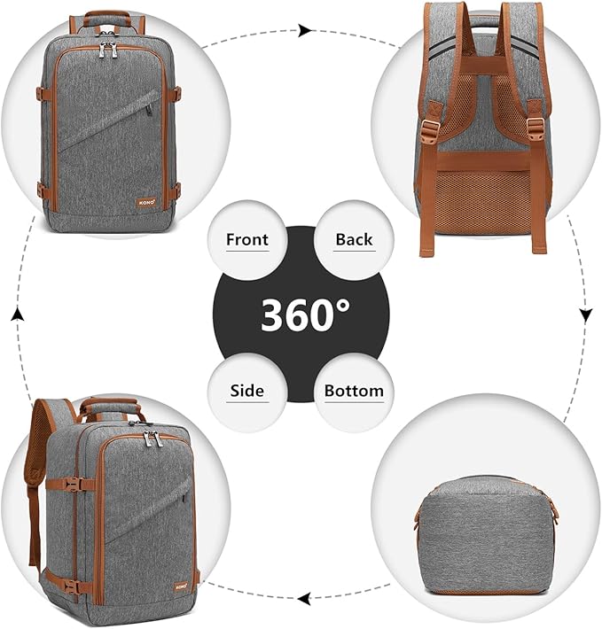 Kono Carry on Backpack, 16" Airplane Approved Under Seat Travel Backpack for Men and Women, Waterproof Lightweight Daypack for Flight 20L (Grey/Brown, Small)