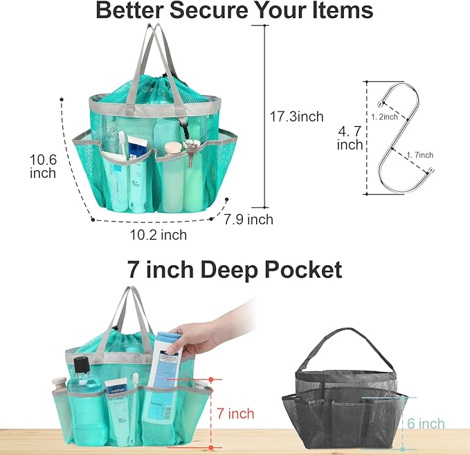 F-color Mesh Shower Caddy Portable with Drawstring - Upgrade Deeper 7 Pockets Dorm Room Essentials for Guys Girls with S Hook, Shower Bag Basket Tote for College Camping Toiletry Bathroom, Mint Green
