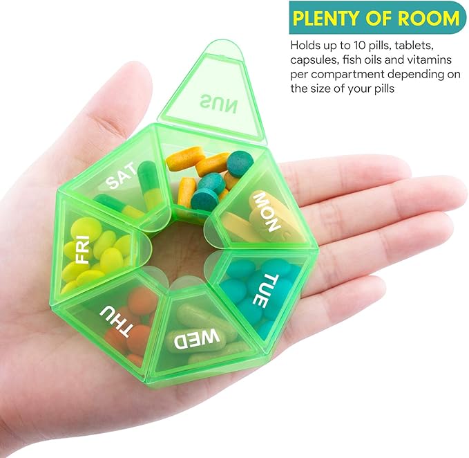 Weekly Pill Organizer, 2 Pack Portable Pill Box Medicine case 6 Colors (Seven Day) New Edition for Vitamin/Fish Oil/Pills/Supplements-Arthritis Friendly (Green)