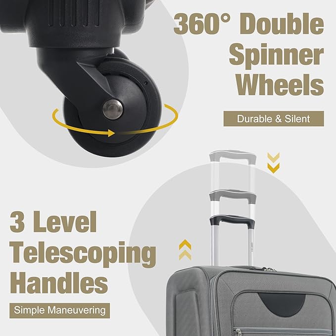 Merax Softside Luggage Set Softshell Lightweight 3 Piece Spinner Suitcase with Duffel Bag Expandable Upright Travel Luggage 22" 26" 30",Grey