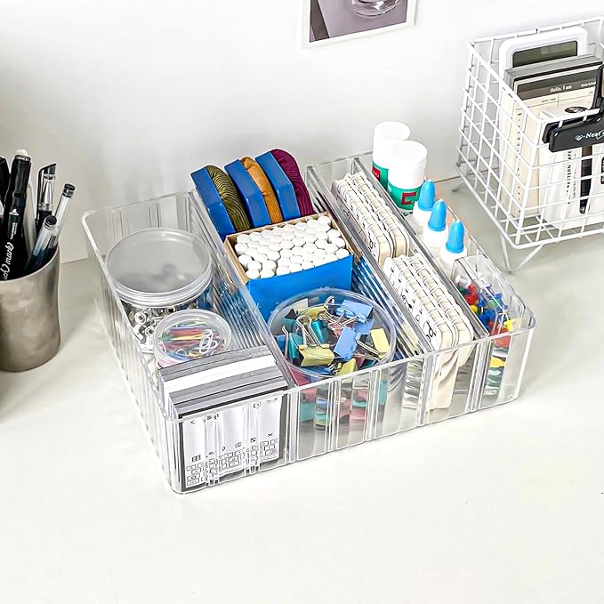Yesesion Clear Cord Organizer Box for Desk Drawer, Plastic Cable Storage Container with Adjustable Compartments and Wire Ties for Phone Charger, Battery, Art Crafts, Electronics Accessories Case