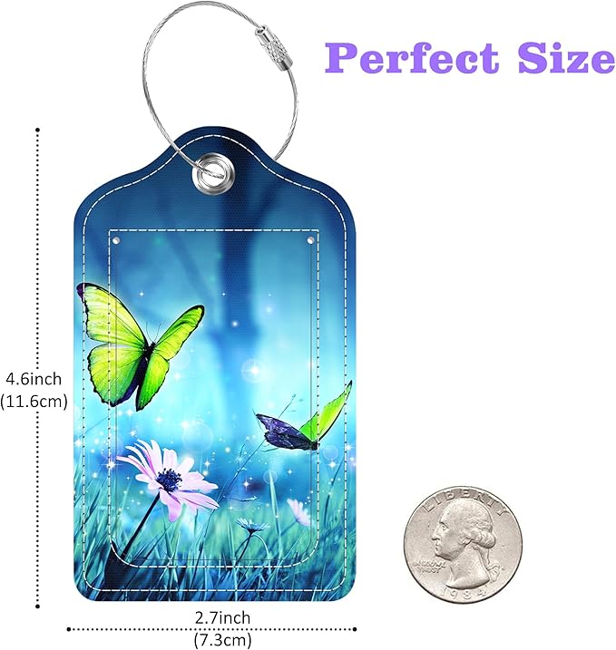 Luggage Tags for Suitcase Butterflies on Daisies in Forest 2 PCS Leather Travel Cruise Luggage Tag with Stainless Steel Loop Name ID Label Privacy Cover for Women Men Travel Bag Labels Set